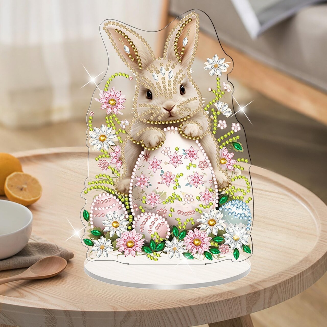 1 Pc Easter Tabletop Diamond Painting Ornament – Cute Bunny, Eggs & Flower Designs, Double-Sided Acrylic Stand-Up Desk Art for Home & Holiday Decor